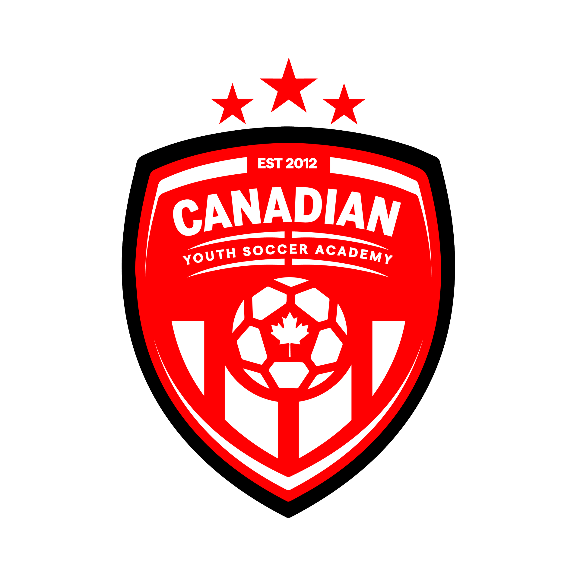 Logo of the Canadian Youth Soccer Academy, featuring a red and white shield with a soccer ball, a maple leaf, and three red stars above, established in 2012.