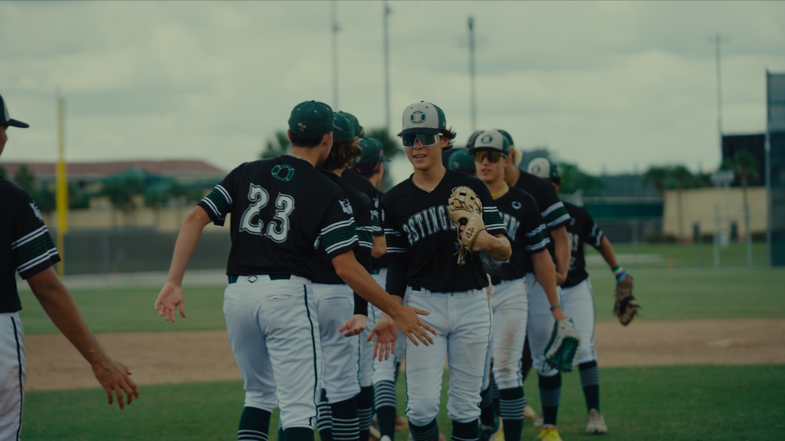A group of baseball players in black uniforms with white pants gathered on a baseball field, shaking hands and greeting each other.