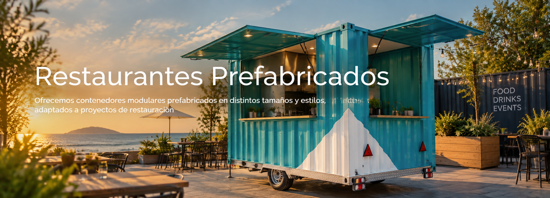 Carrito de comida azul en un entorno costero con mesas y sillas, con árboles y cielo al atardecer.