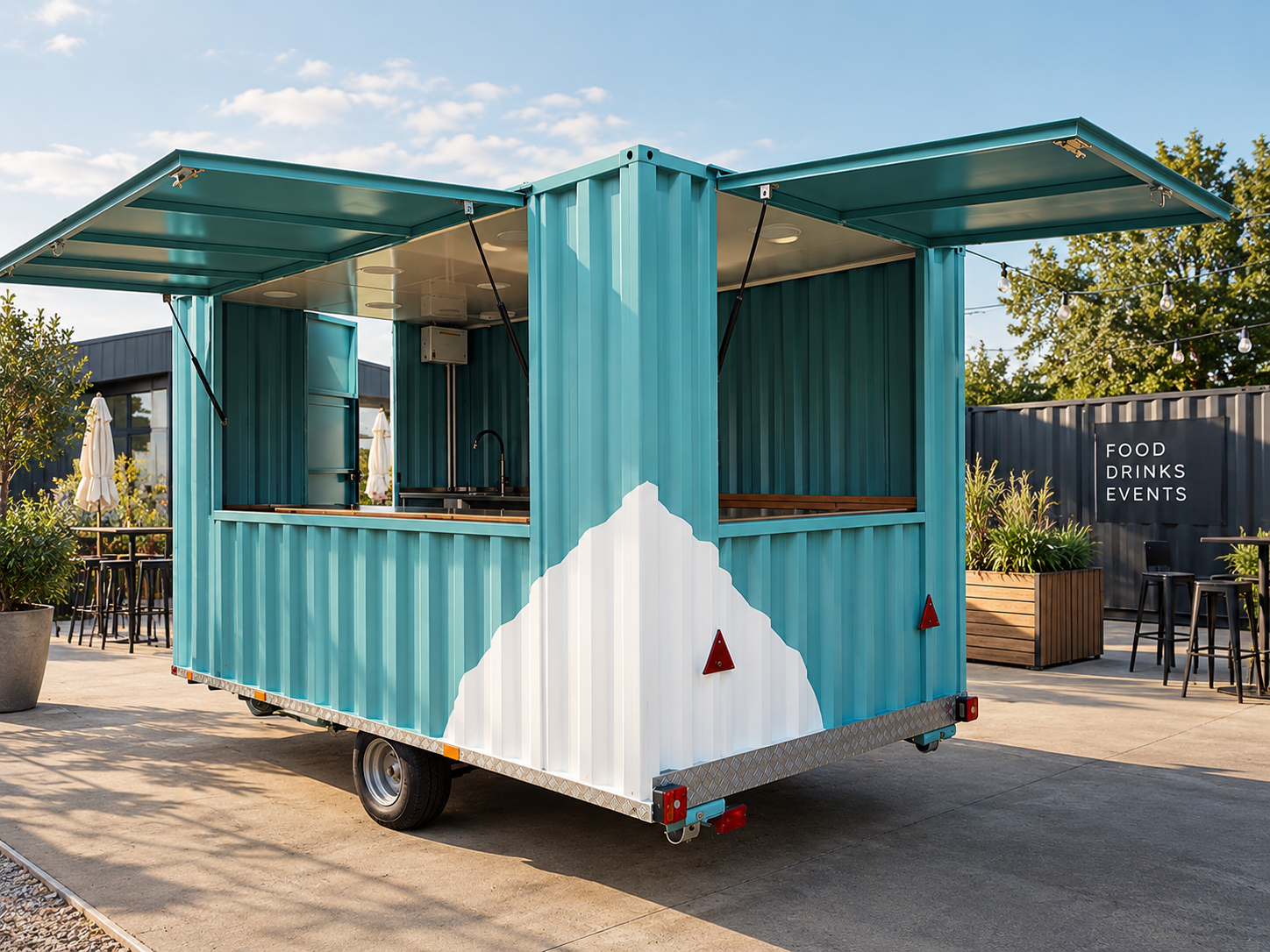 Carrito de comida de color azul con una montaña blanca pintada en la esquina, abierto en un espacio exterior con parrilla y mesas con sombrillas.