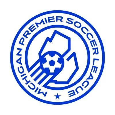 Logo of the Michigan Premier Soccer League, featuring a blue circular design with a mountain, a soccer ball, and stylized lines.