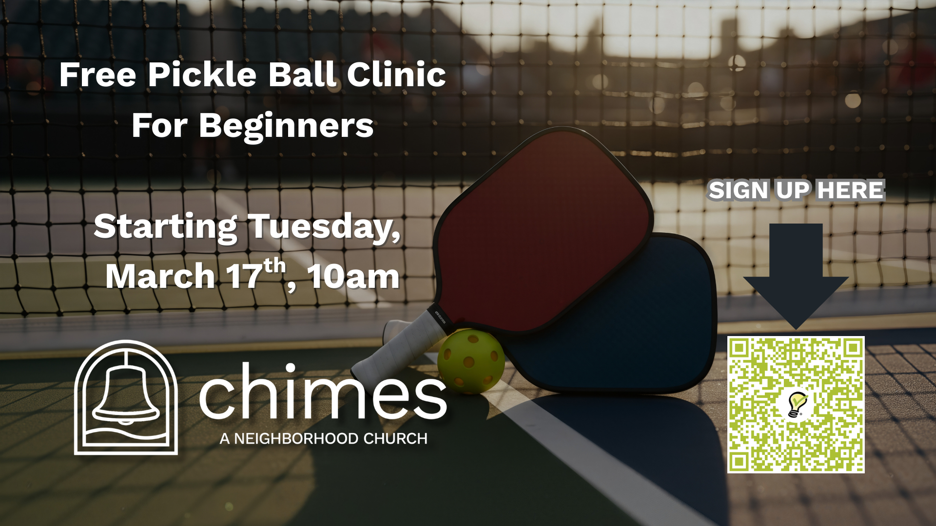 Picture of a pickle ball court, with time & date of event shown.