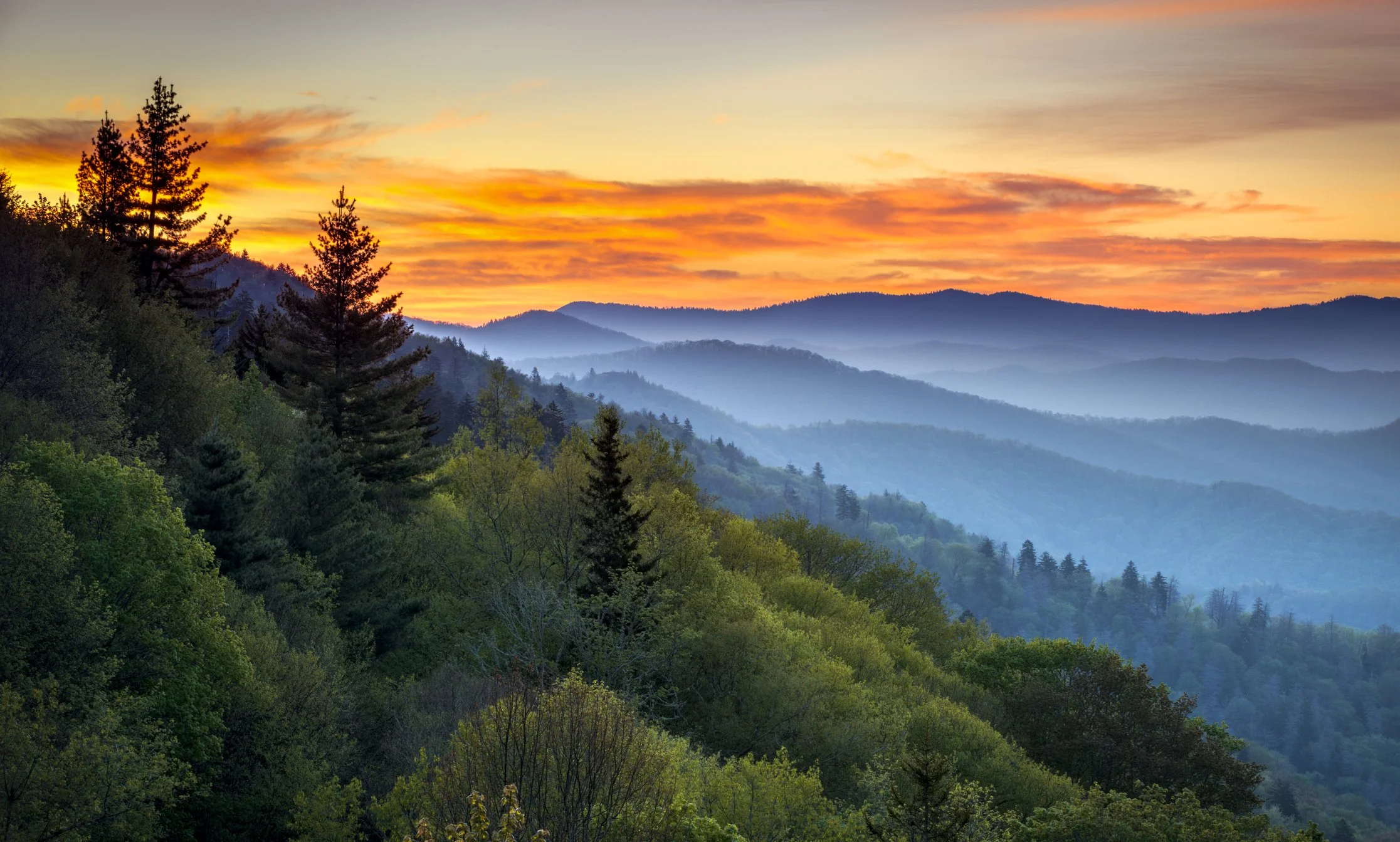 Scenic view of the Great Smoky Mountains at sunset, Tennessee