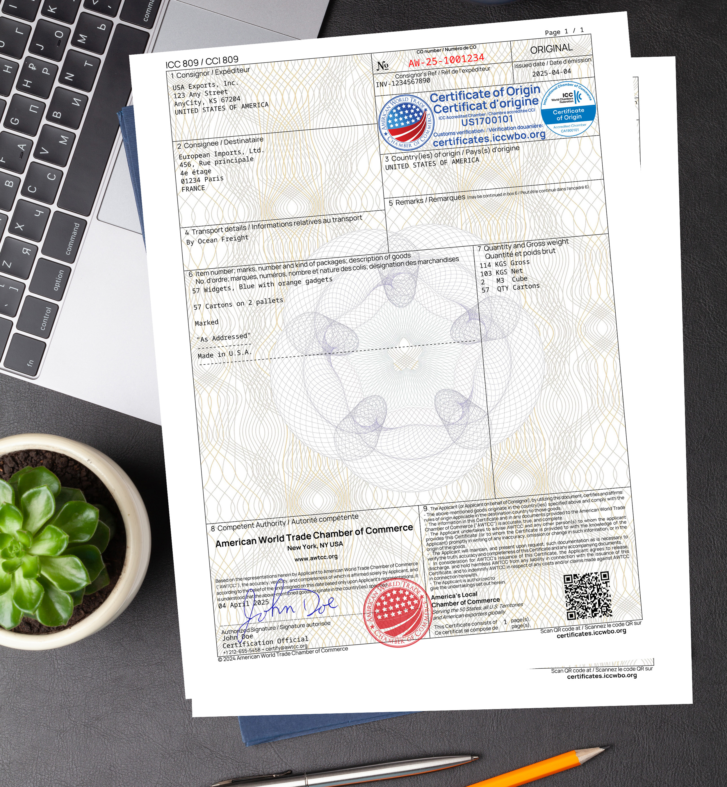 Example of certificate of origin with QR code for Customs verification