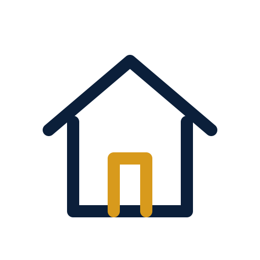 Outline of a house with a yellow door, black background.