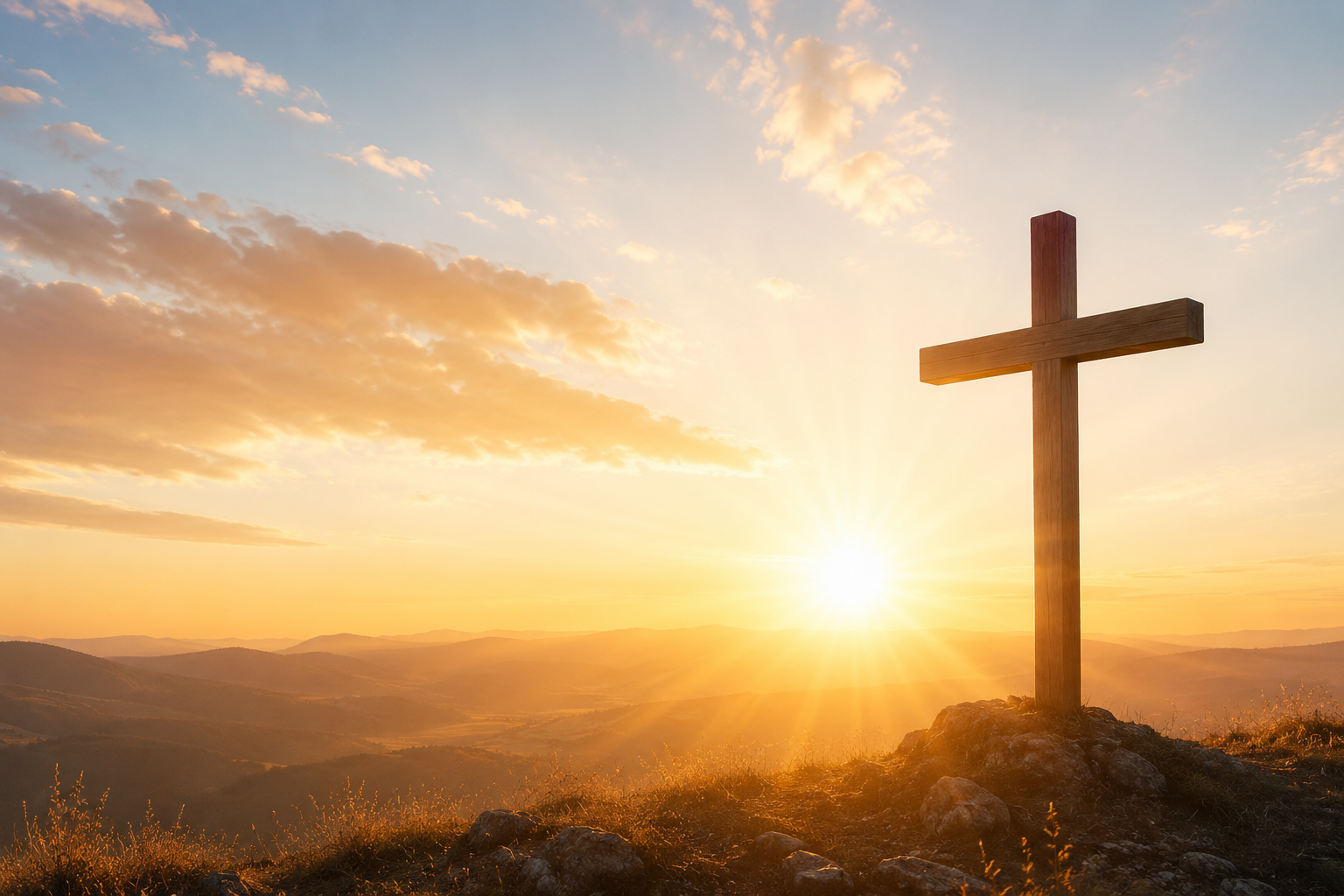 A wooden cross on a hilltop during sunset with a scenic view of rolling hills and a sky with clouds.