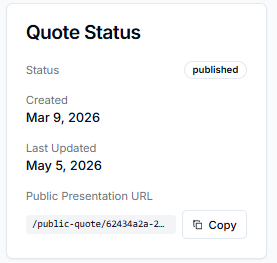 Screenshot of a quote status page showing status as published, created on March 9, 2026, and last updated on May 5, 2026.
