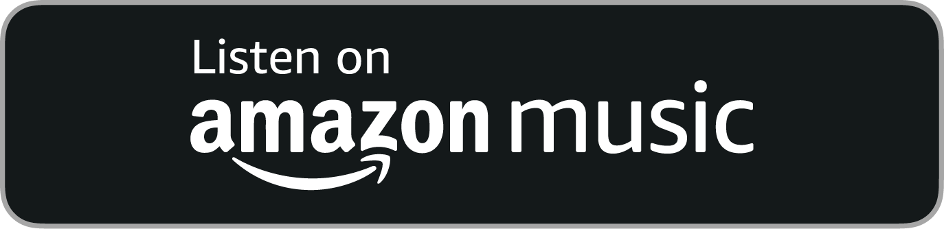 A digital graphic promoting Amazon Music with a black background. White text says "Listen on amazon music" along with the Amazon smile logo.