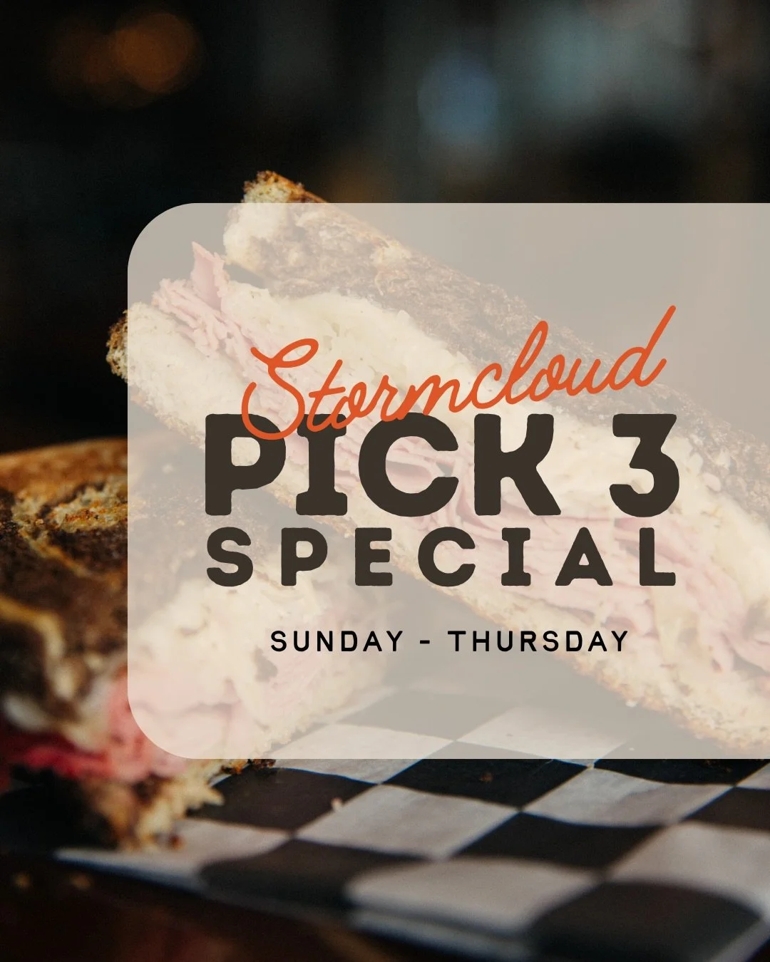 Introducing Stormcloud&rsquo;s Pick 3.

$35 gets you 1 appetizer + any 2 sandwiches and/or pizzas.

Available ALL DAY Sunday&ndash;Thursday. See you at the pub!

(If you&rsquo;re ordering online, use code &lsquo;PICKTHREE&rsquo; at checkout. Fountain