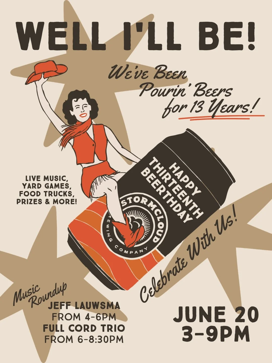 Howdy, folks!! We&rsquo;ve been pourin&rsquo; beers for 13 years and we want to celebrate with ya 🍻

Join at the taproom on Saturday, June 20th for a night of pickin&rsquo; with @fullcordband trio, 12 flowin&rsquo; taps, beer slushies, Burger Eatin&