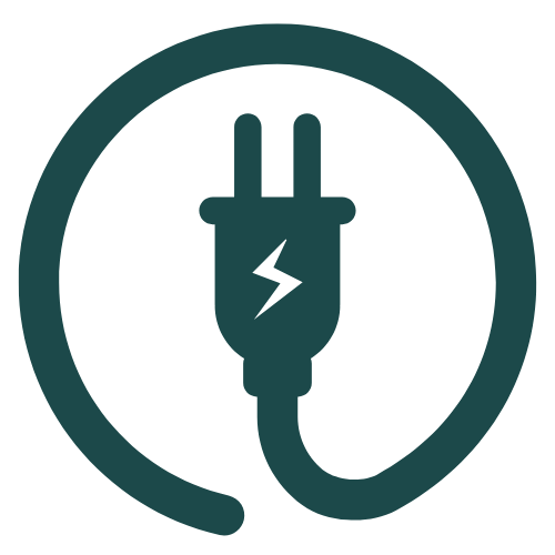 An icon of an electrical plug with a lightning bolt on it, encircled by a circular border.