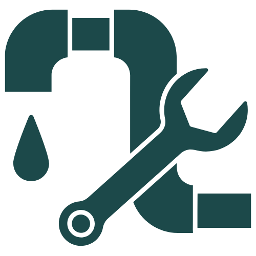 Icon of a water faucet with a drop of water and a wrench crossed behind it, representing plumbing or maintenance.