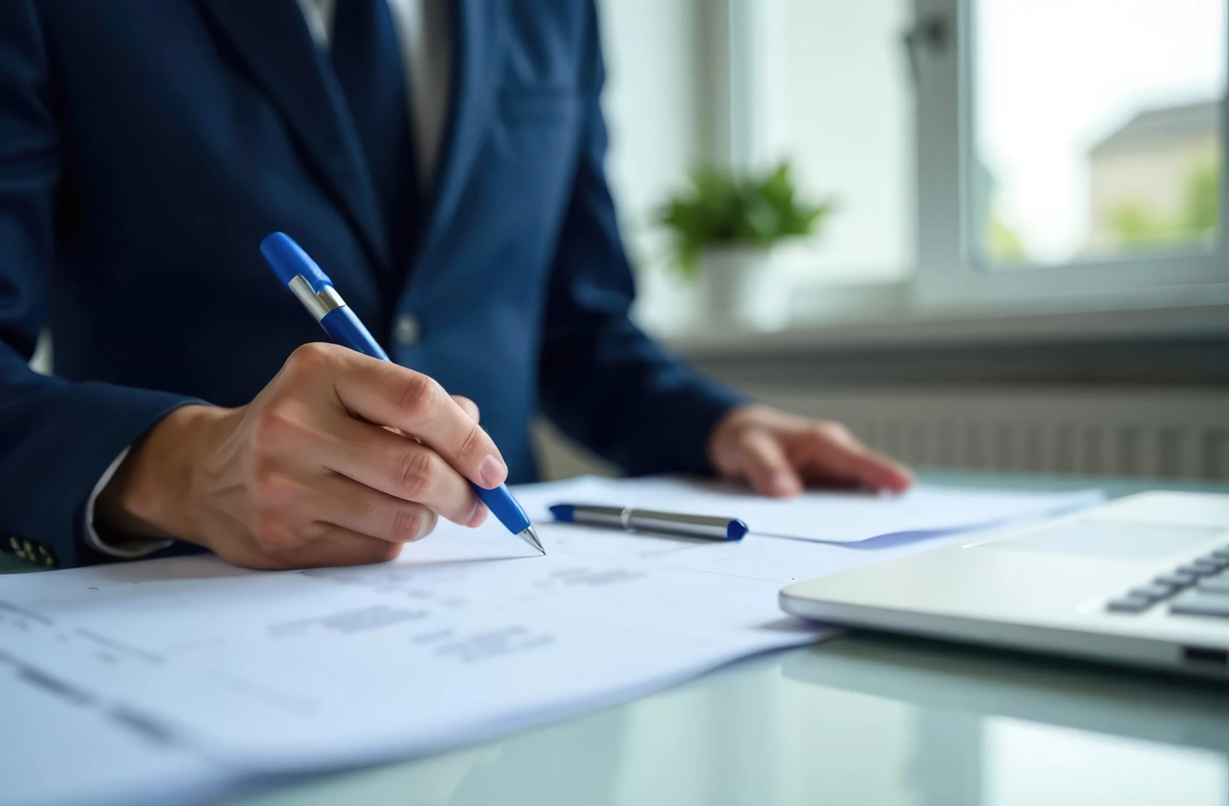 A person in a business suit writing on documents at a desk near a window with a laptop nearby.