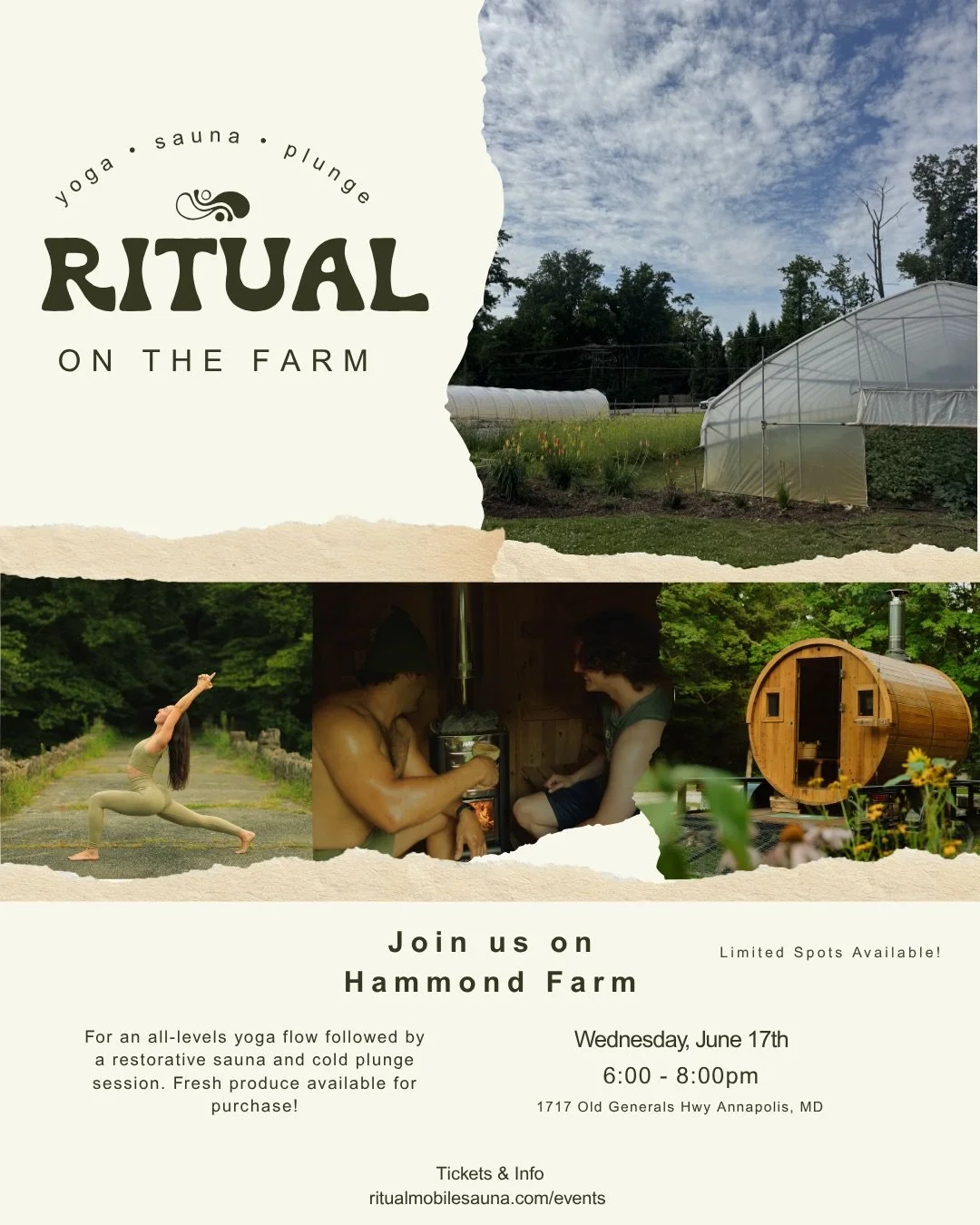 Join us for Ritual on the Farm 🌱
An evening of movement and contrast therapy in the peaceful setting of Hammond Farm. Begin with an all-level guided yoga flow, then enjoy a restorative wood-fired sauna and cold plunge experience. Move at your own pa