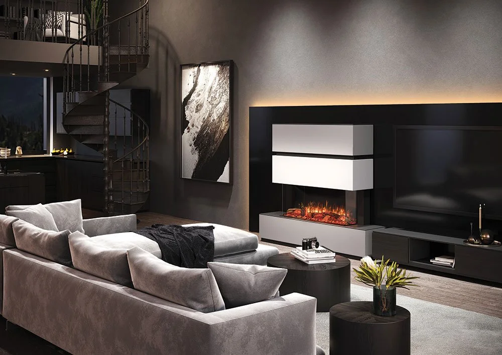Avanti-110RW-with-Split-Oak-Log-effect-installed-with-Milazzo-Suite-base-in-grey-two-top-sections-in-white-and-grey-and-various-trim-and-infill-options.jpg