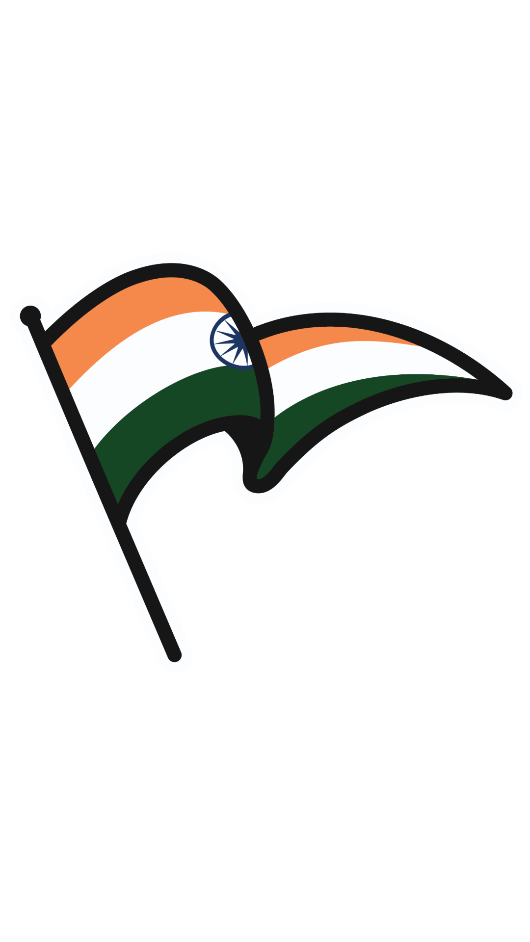 Drawing of the Indian national flag waving, showing orange, white, and green horizontal stripes with a navy blue Ashoka Chakra in the center.