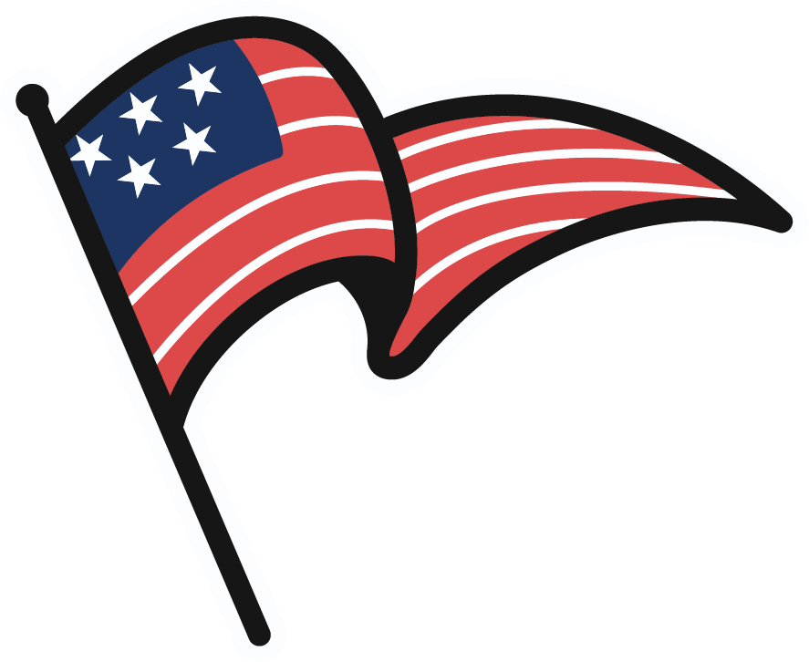 Illustration of a waving American flag with stars and stripes.