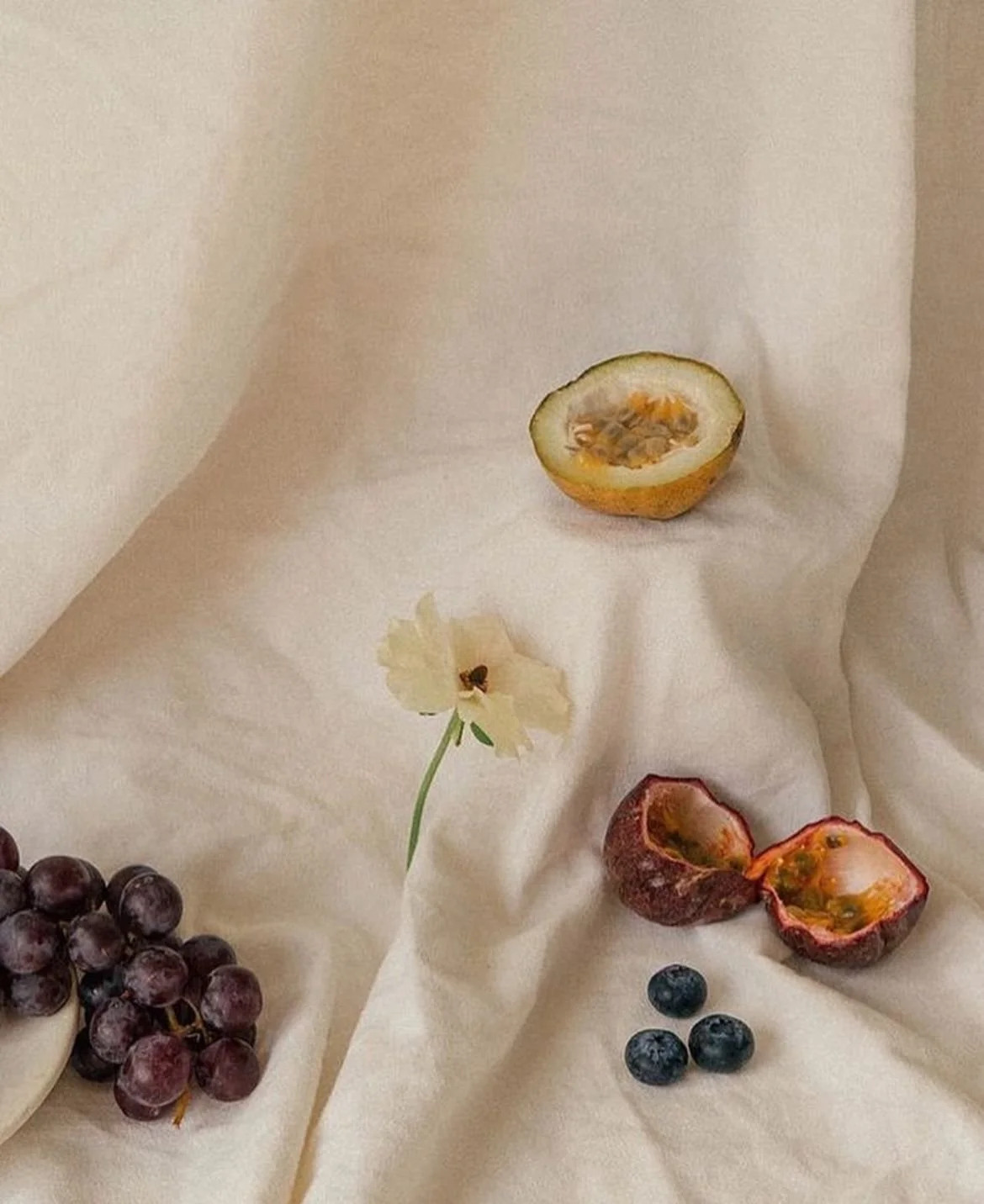 Frutas sobre tela blanca, incluyendo uvas moradas, maracuyá partido, arándanos y una flor blanca.