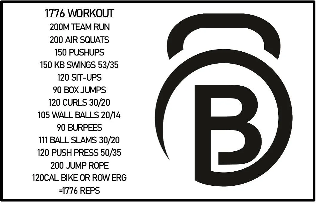 Come on out next Friday July 4th and join us for our grand opening! We unfortunately will not be ready to take on members yet with construction finishing up. 

The workout for the event is the picture above with teams of 3 completing 1776 reps. The w