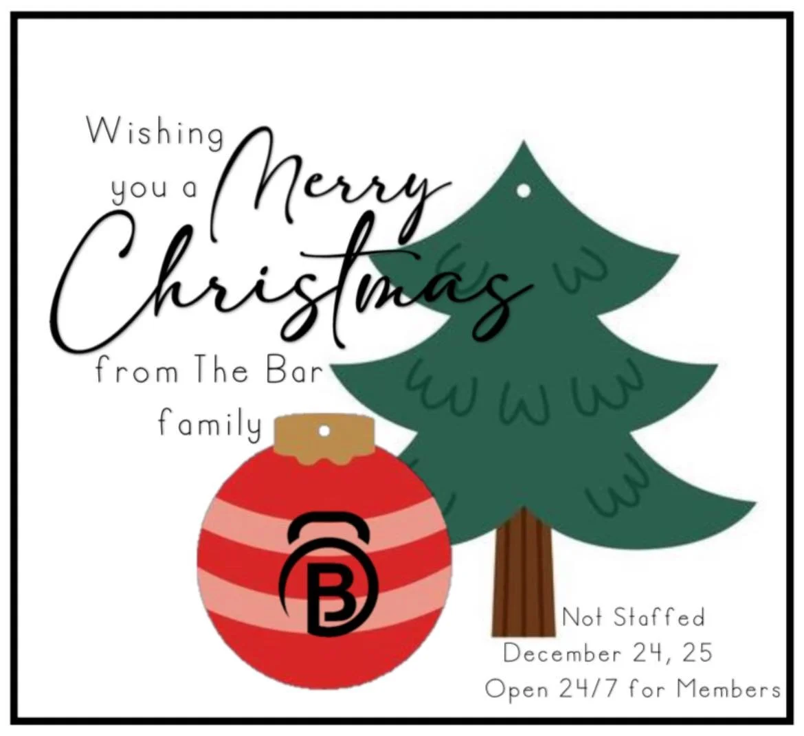 Merry Christmas from the Bar Family! We will not have staff in the 24th and 25th. If you are in need of assistance on anything, including last minute gift cards feel free to give us a call, and  we will try to accommodate your needs!