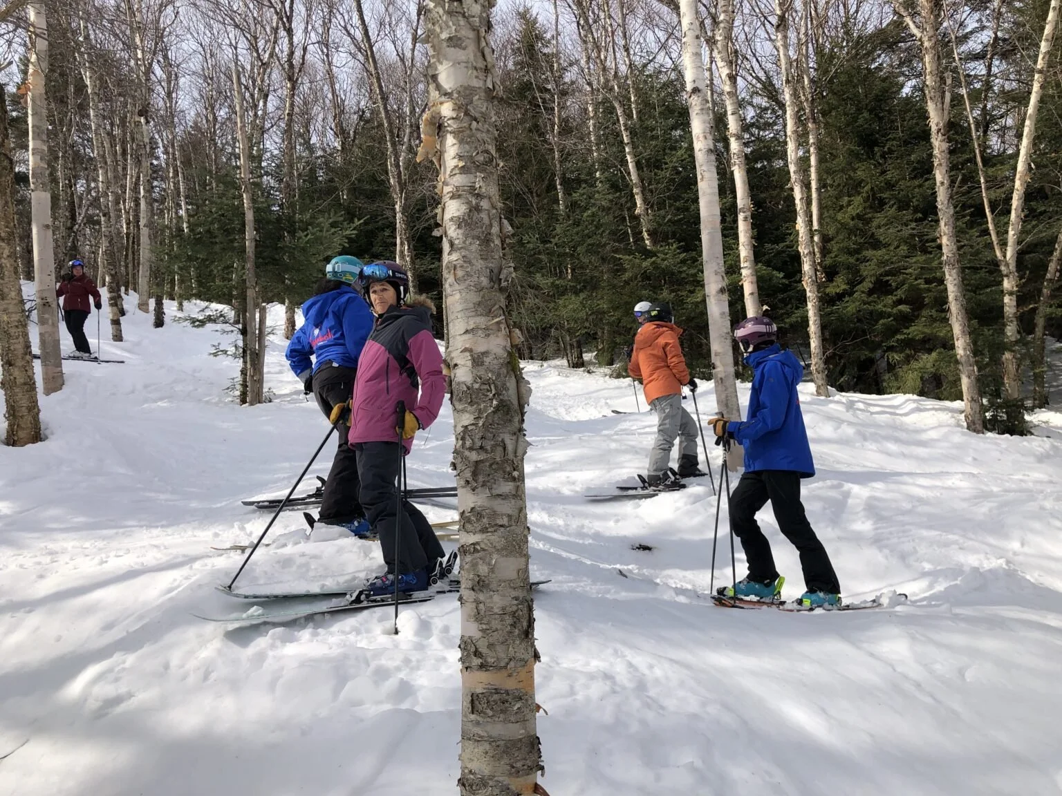 Women’s ski retreat group skiing at Stowe Vermont