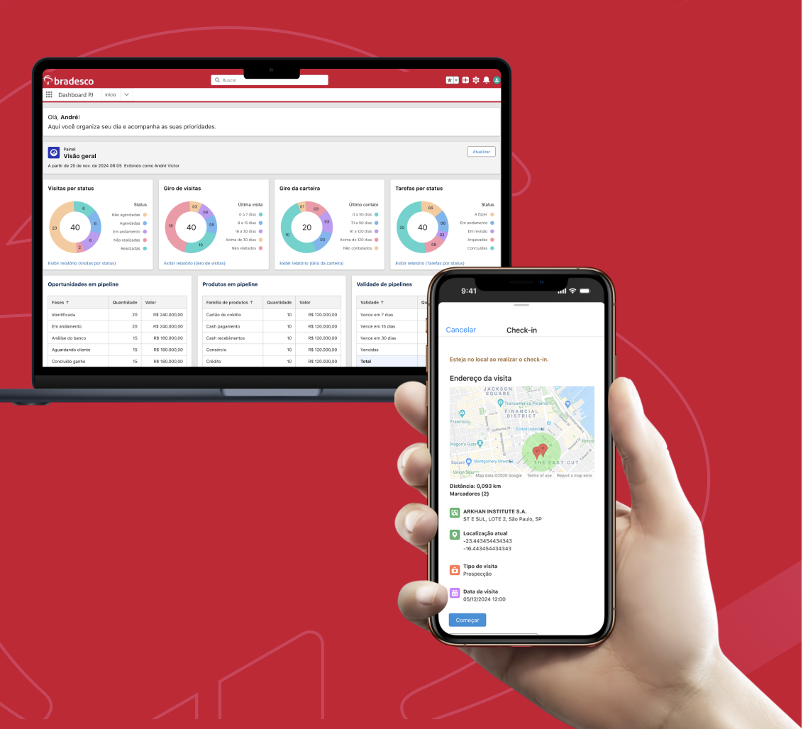 A person holds a smartphone displaying a visit check-in screen with location map, while in the background a laptop shows a dashboard with charts and metrics for business performance.