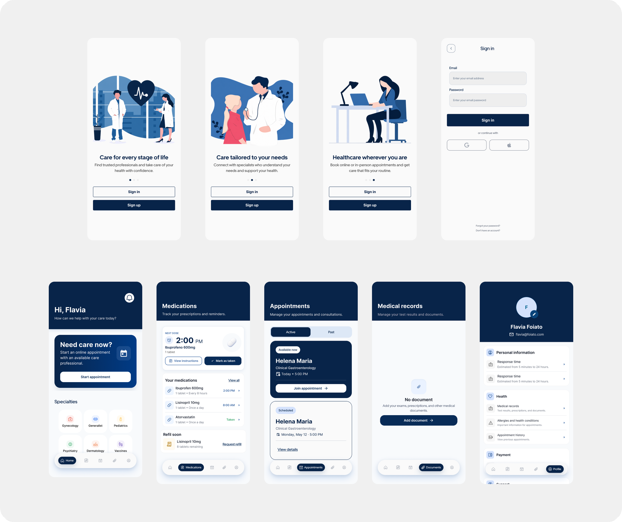 A collection of mobile app screens related to healthcare and medical appointment management, including login, appointment scheduling, prescriptions, and patient records.