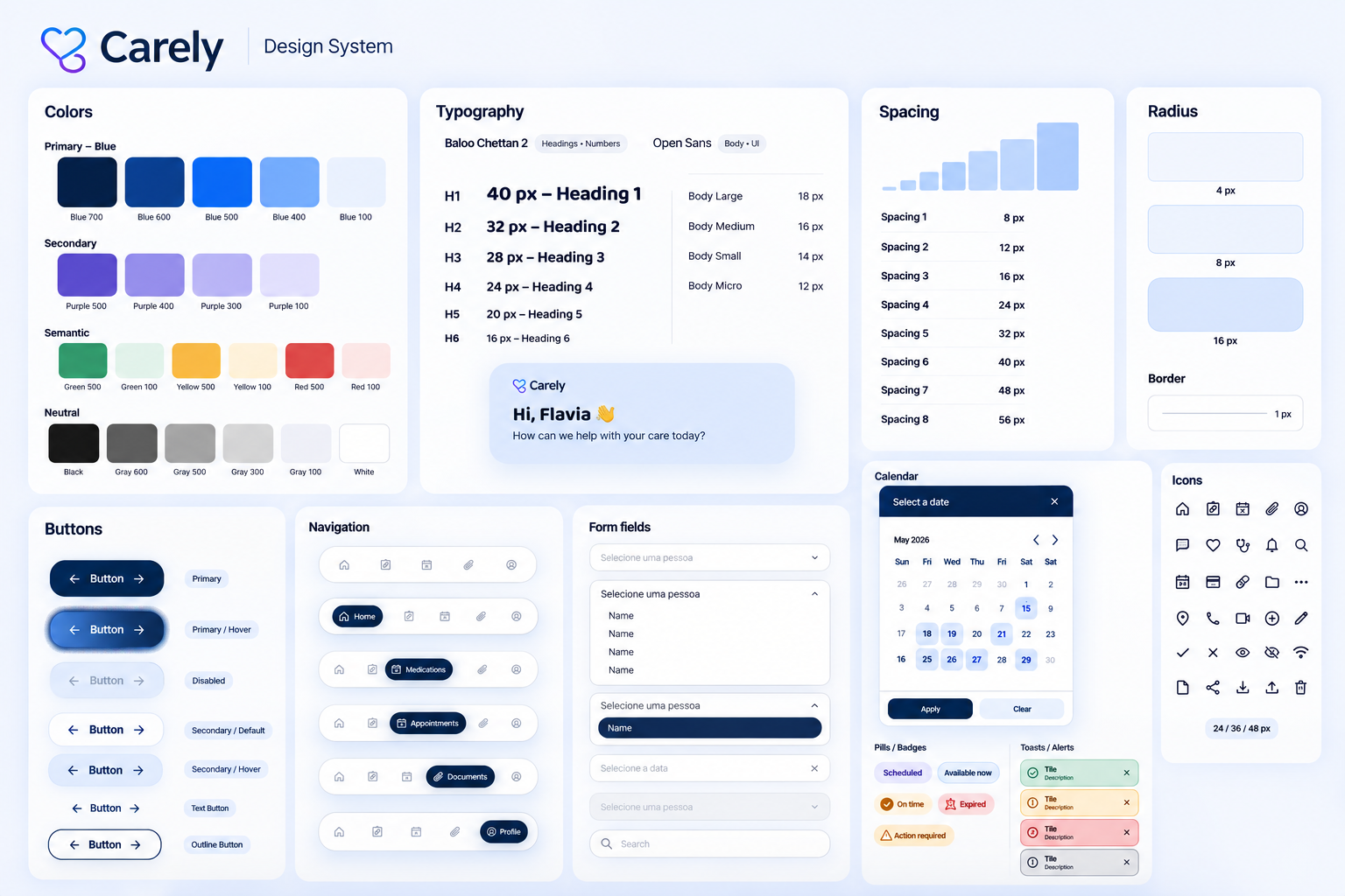 A design system style guide for Carely featuring color palettes, typography, spacing, radius, border, buttons, navigation, form fields, calendar, icons, and badges in shades of blue, purple, green, yellow, red, gray, black, and white.