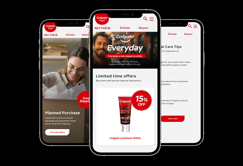 A hand covered with a black glove holding a smartphone displaying the Colgate website, featuring a woman smiling with a hijab and promotional text about dental cleaning, against a red background.