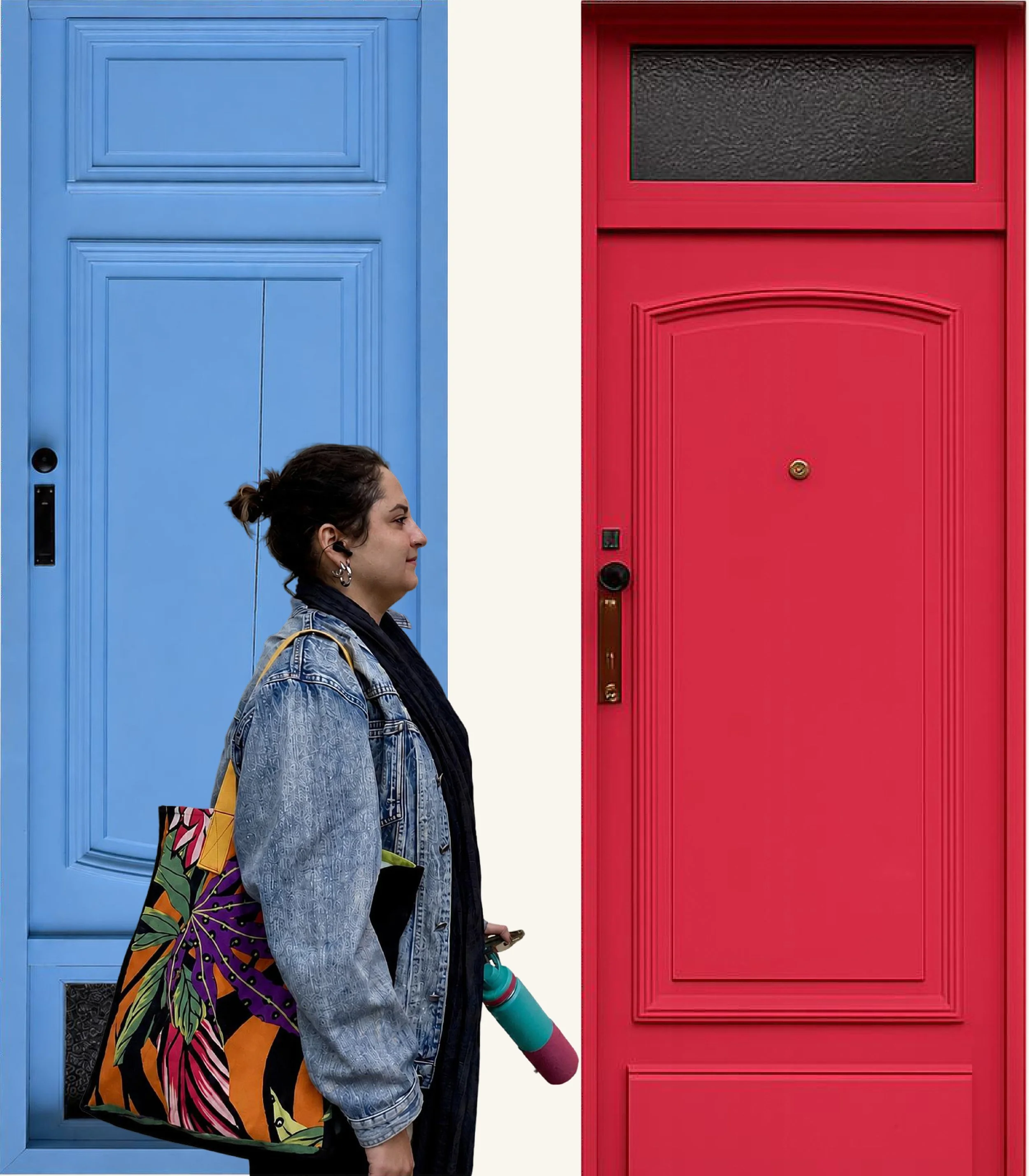 A woman standing in profile in front of a blue door on the left and a red door on the right. She is holding a colorful bag and a teal water bottle. The blue door has a keypad and a key card lock, the red door has a black window at the top and a gold doorbell.