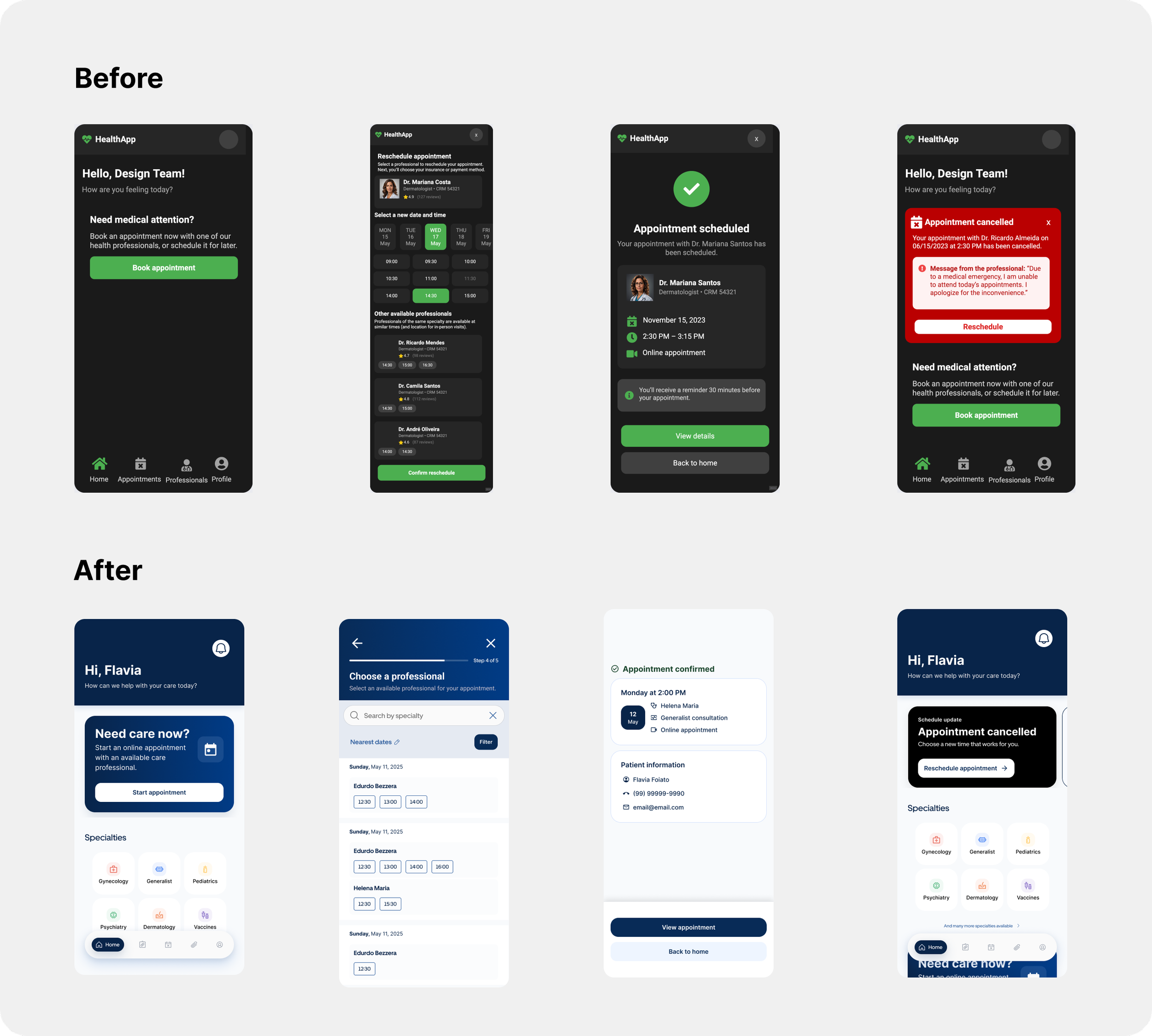 Collection of mobile app interface screens for a healthcare appointment scheduling app, showing appointment booking, rescheduling, and confirmation process.