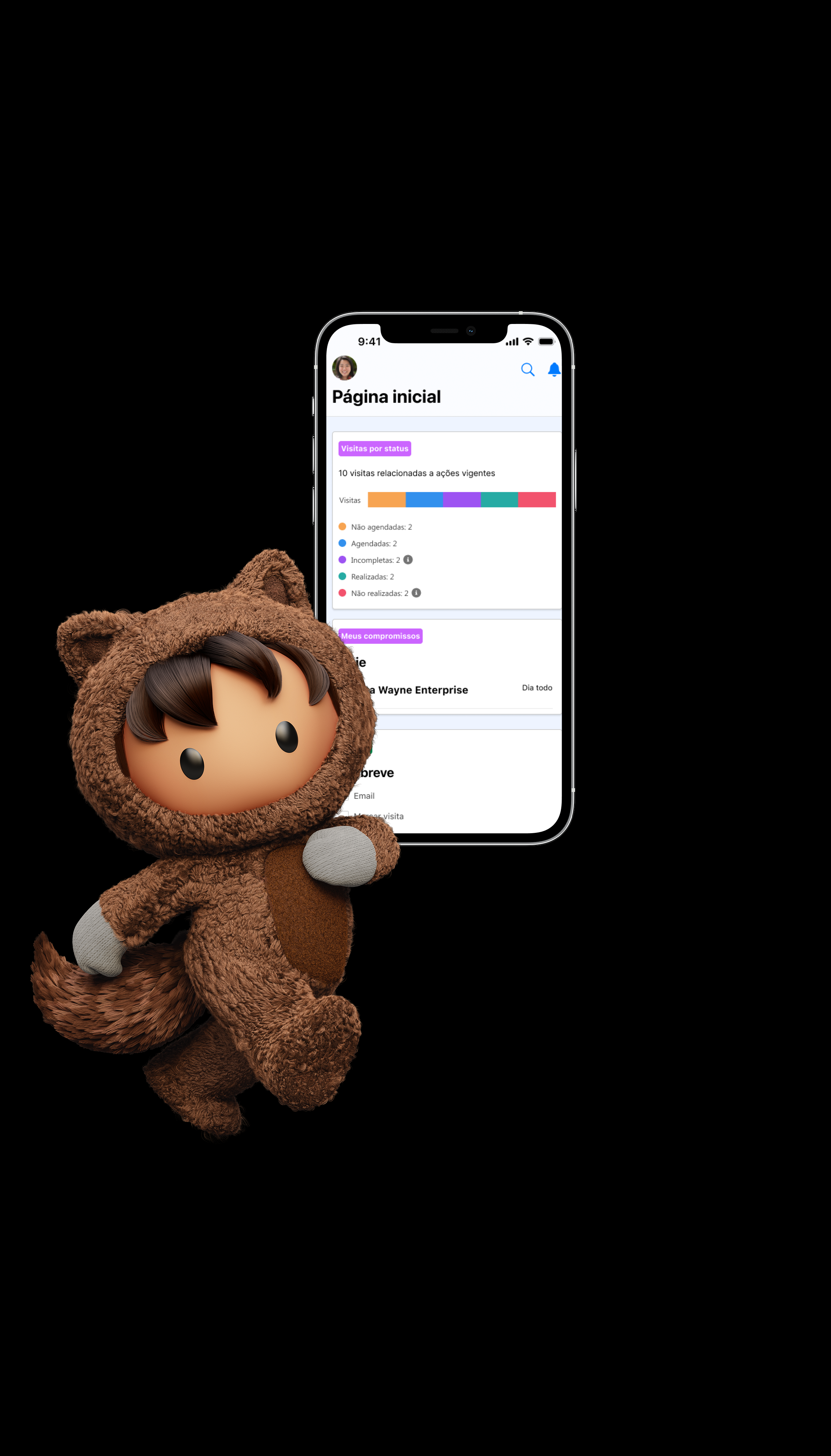 A person holds a smartphone displaying a visit check-in screen with location map, while in the background a laptop shows a dashboard with charts and metrics for business performance.