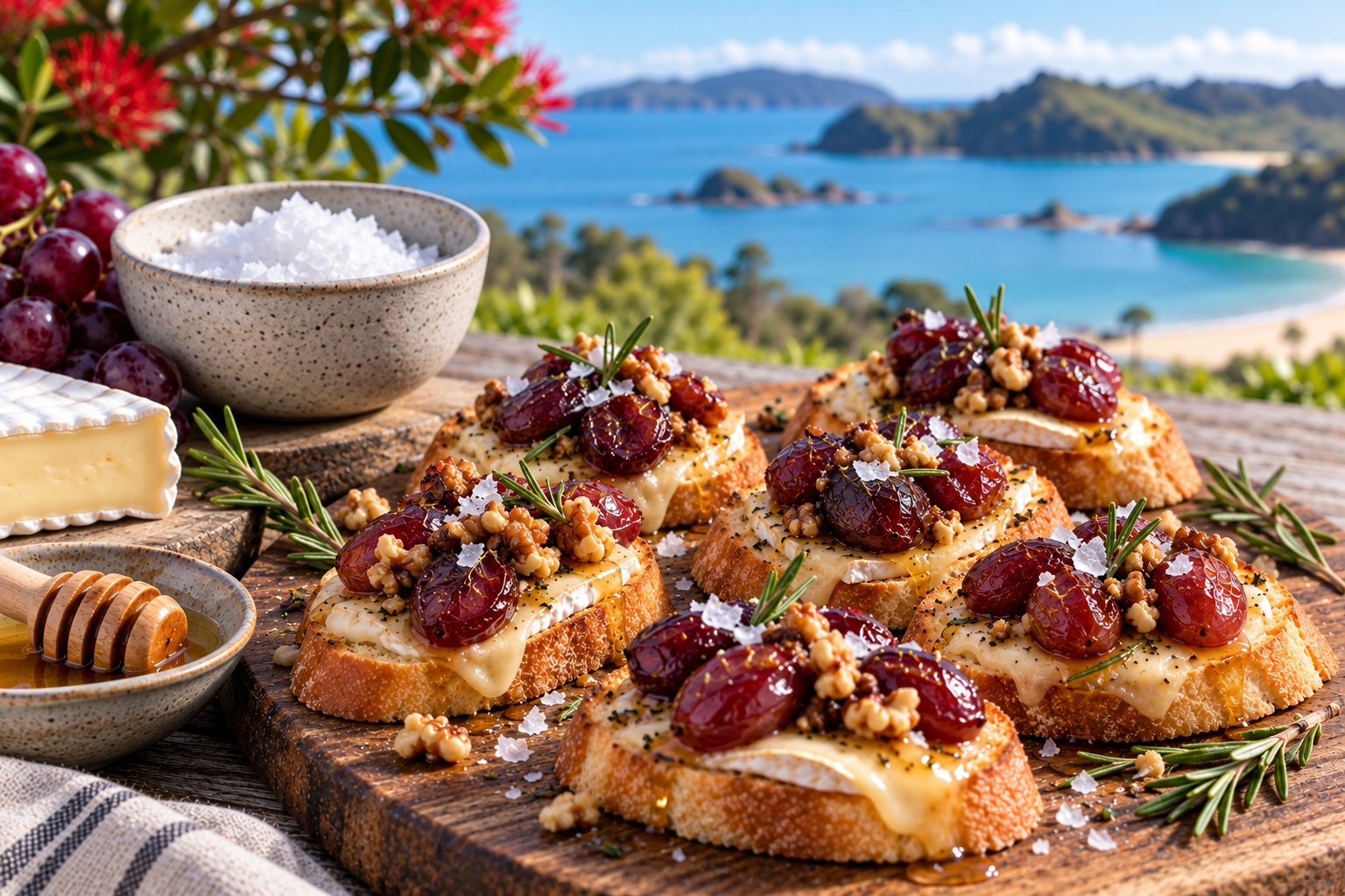 Roasted Grape &amp; Brie Crostini with foodies Pure NZ Flaky Sea Salt