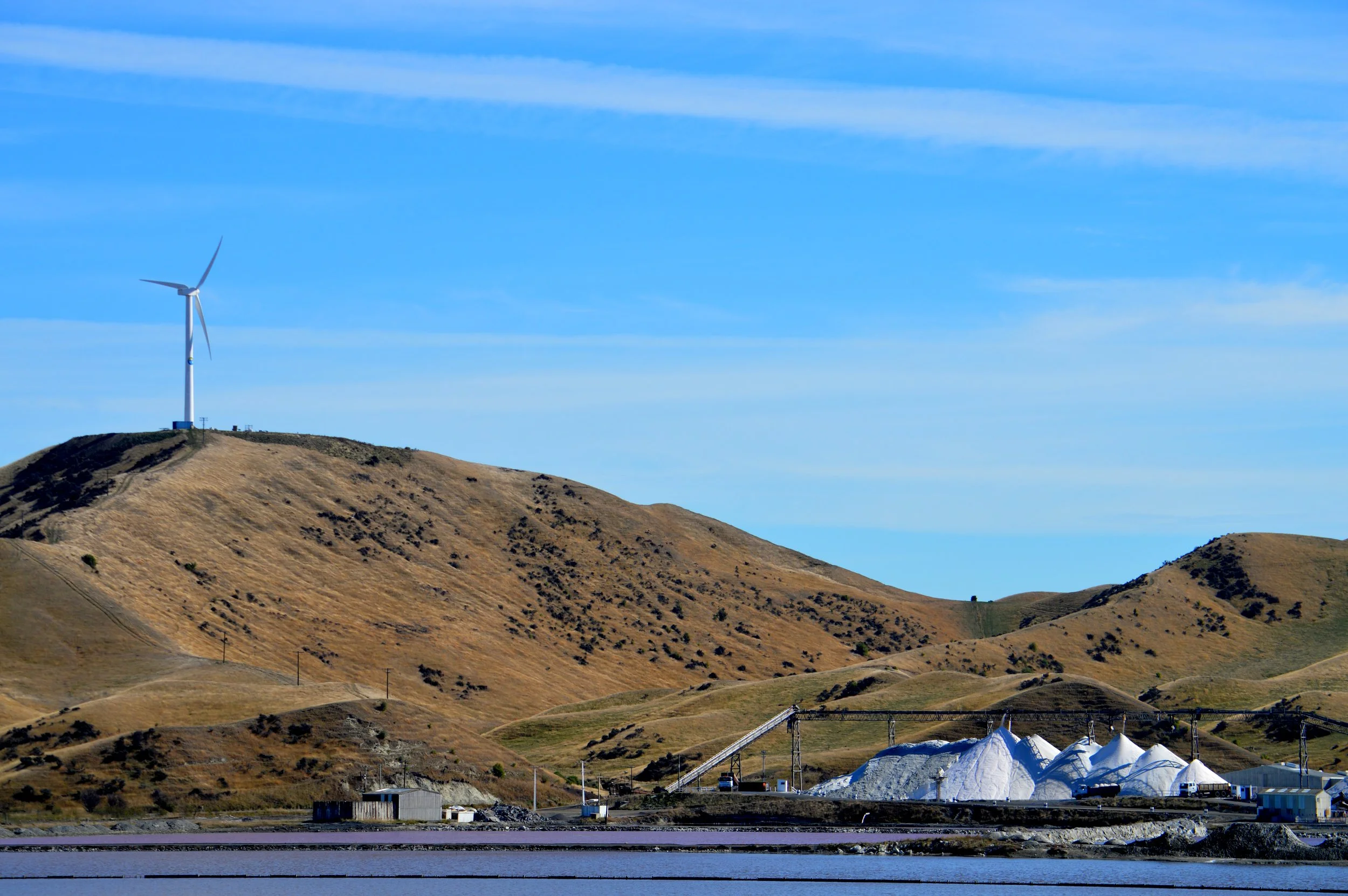 Wind turbine at Salt farm at Lake Grassmere