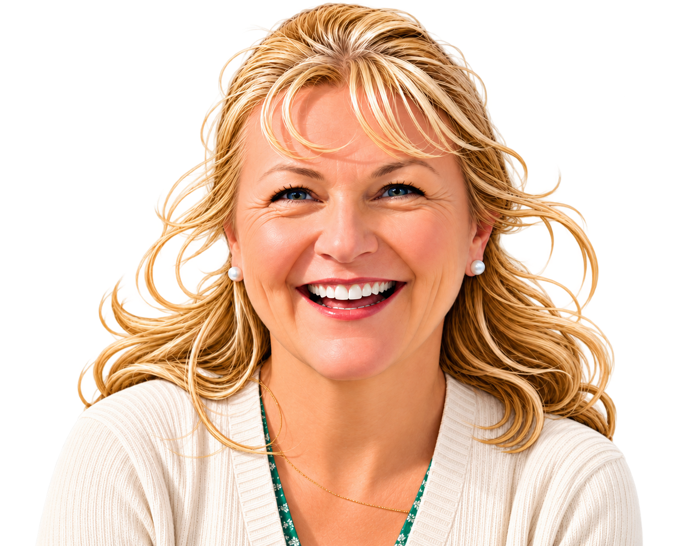 A woman with blonde hair smiling widely, showing her teeth, wearing pearl earrings and a white cardigan.