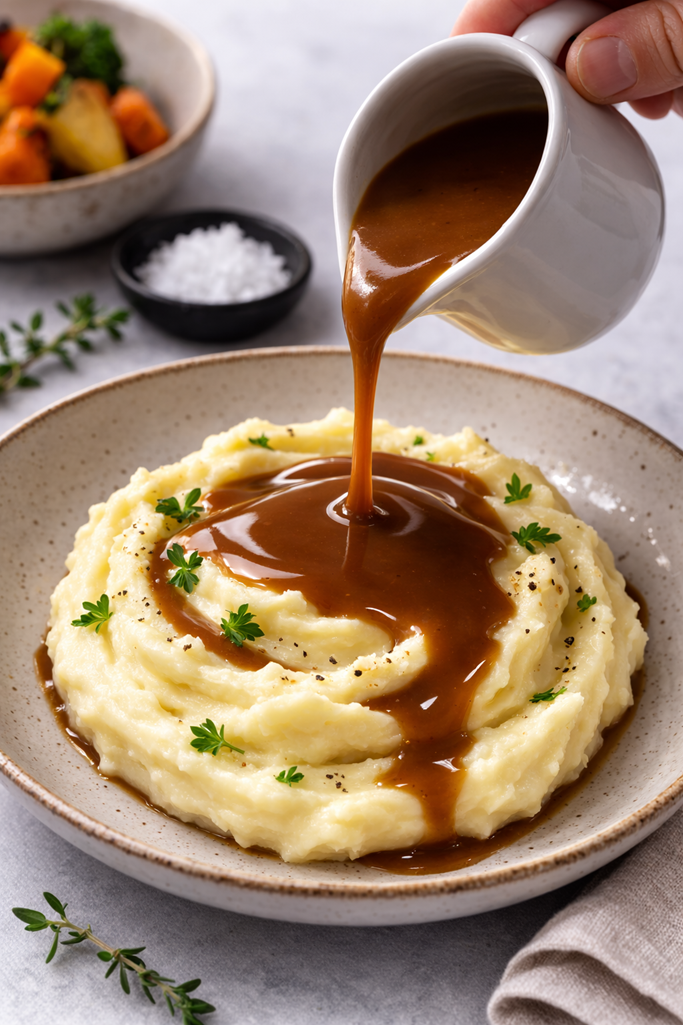 Creamy mashed potatoes topped with silky smooth foodies Classic Rich Gravy and garnished with parsley in a bowl. A hand pours additional gravy into the mashed potatoes. In the background, there are a bowl of mixed vegetables and a small dish of salt.