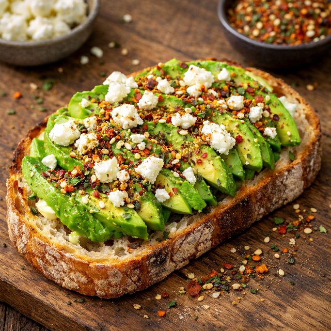 Open-faced avocado toast on a rustic wooden surface topped with crumbled feta cheese and foodies seasoning, with small bowls of crumbled feta and red pepper flakes nearby.