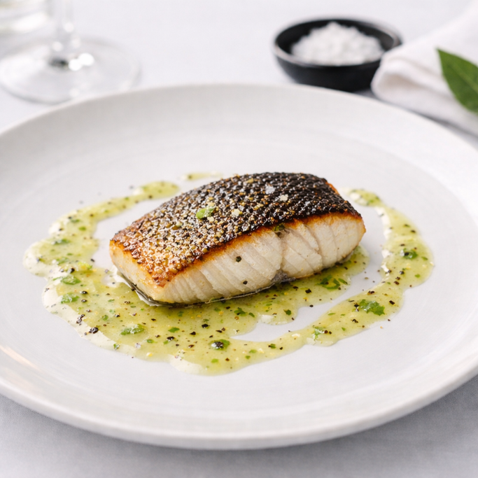 Seared fish fillet with crispy skin served on a white plate with green herb sauce made with foodies Lime & Cracked Pepper Seasoning