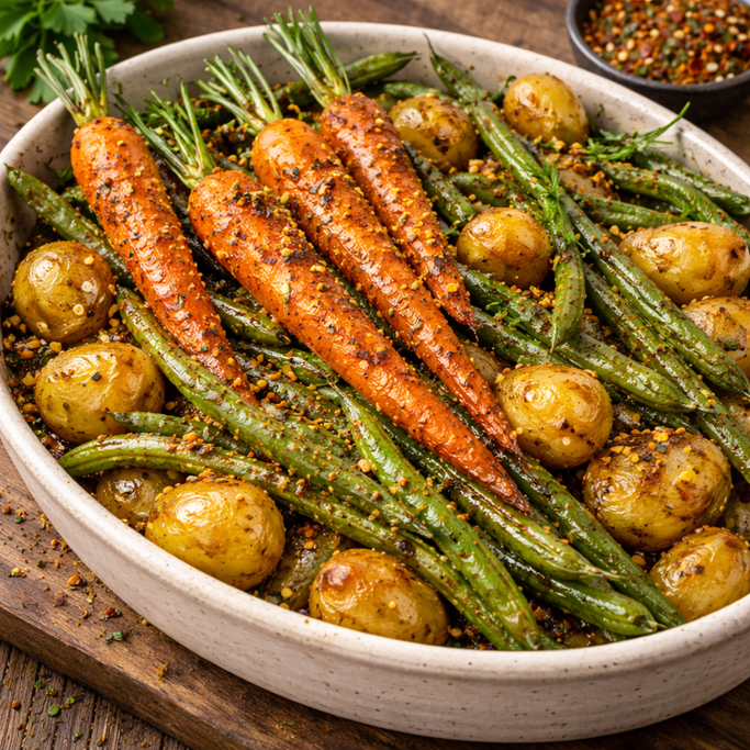Roasted carrots, green beans, and new potatoes seasoned with foodies Zesty Portuguese seasoning in a ceramic dish.
