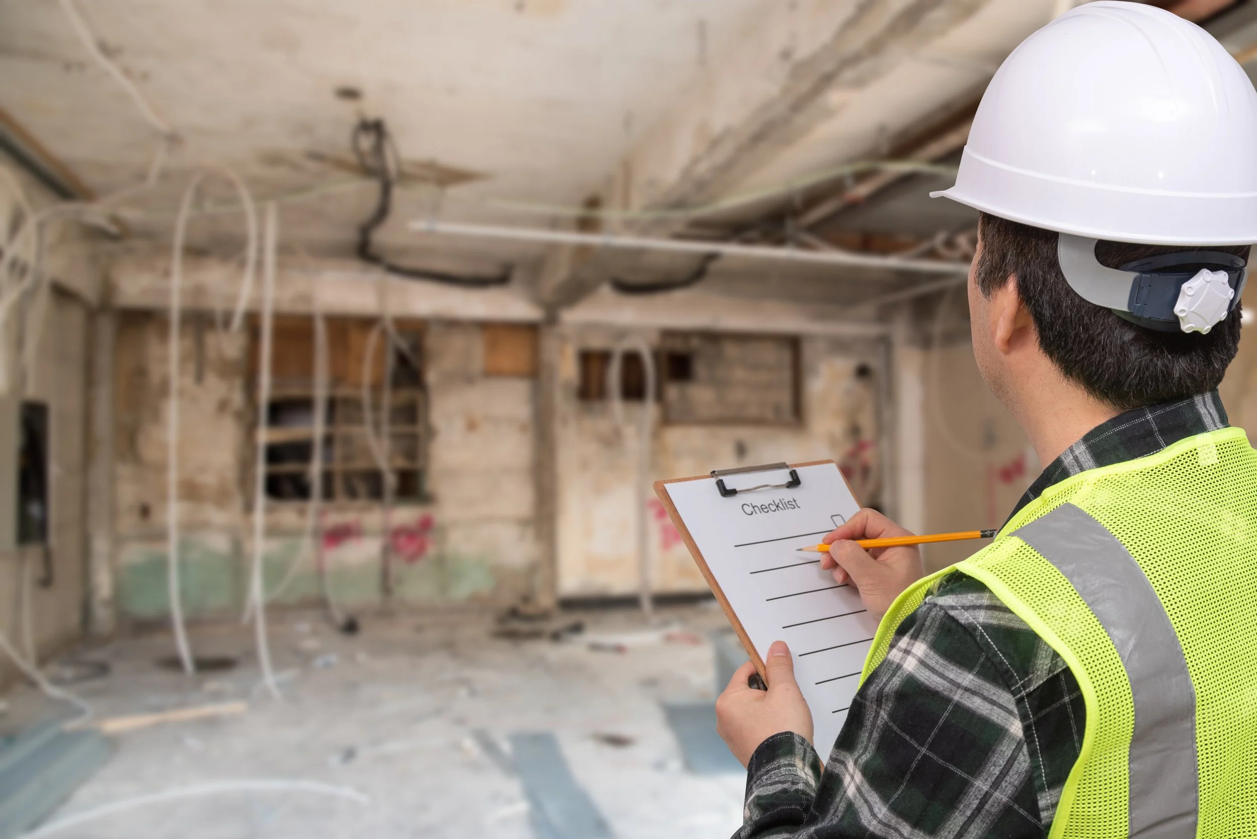 A construction worker wearing a white hard hat and a yellow safety vest is holding a clipboard with a checklist and taking notes with a pencil. The background shows an unfinished and partially demolished room with exposed wires, insulation, and debris.