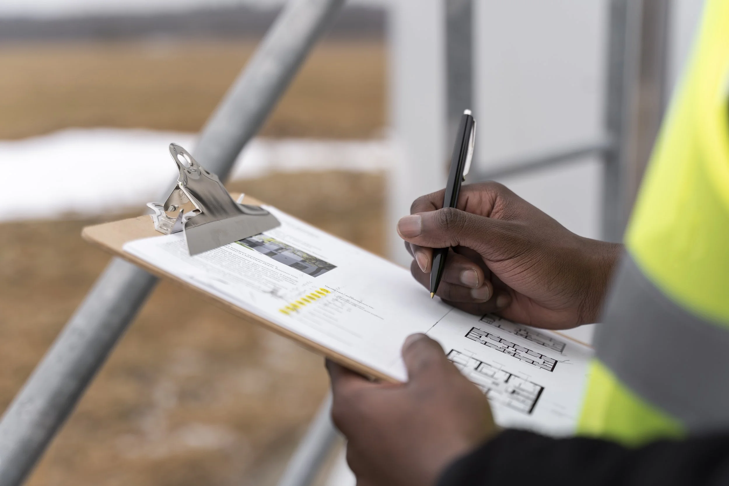 Person in a yellow safety vest reviewing building plans on a clipboard at a construction site.