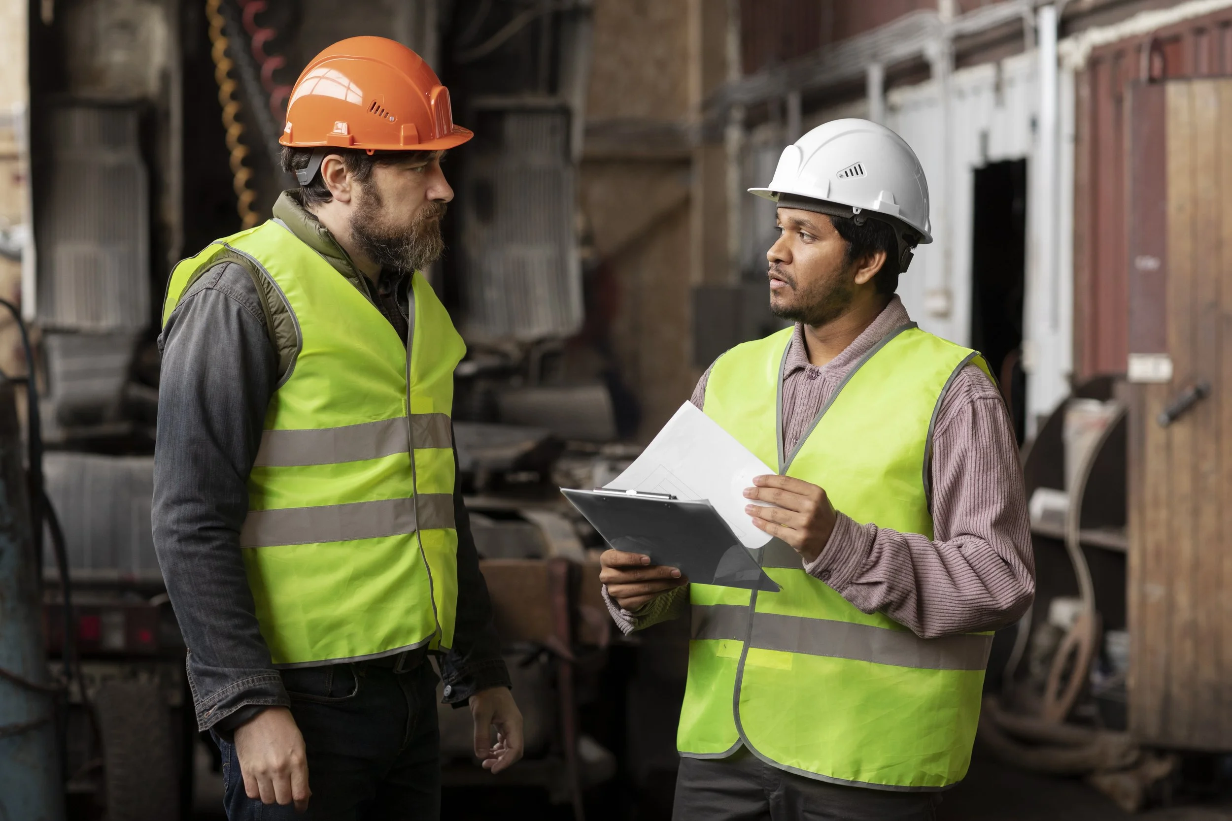 Two male construction workers in neon yellow safety vests and hard hats having a discussion inside a workshop or construction site, with one holding papers and a clipboard.