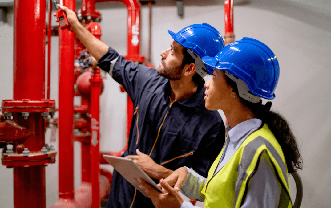 Two workers wearing blue hard hats in an industrial setting, inspecting red pipes with one holding a tablet and the other pointing at the pipes with a measuring device.