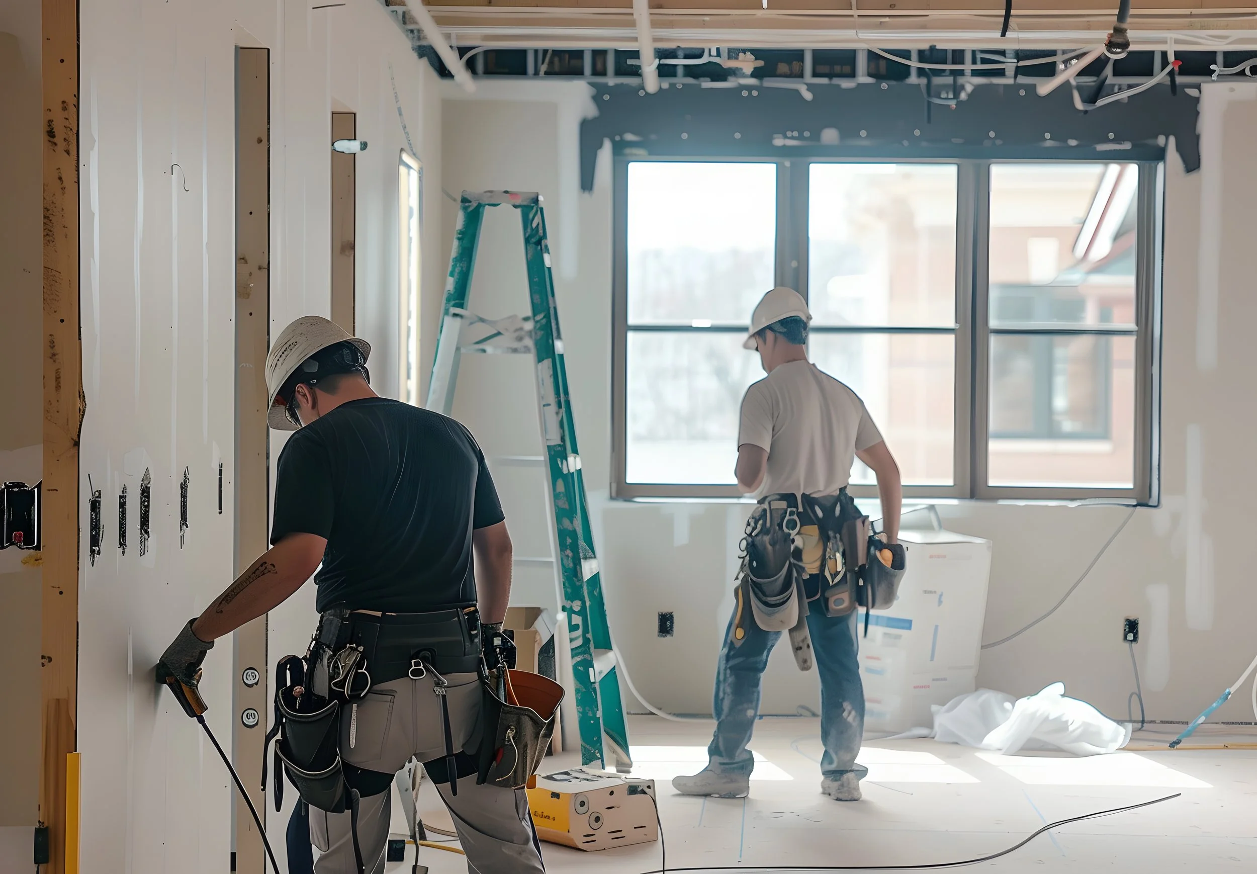 Two construction workers wearing helmets and tool belts working on interior renovation of a room with large windows, ladder, and construction materials.