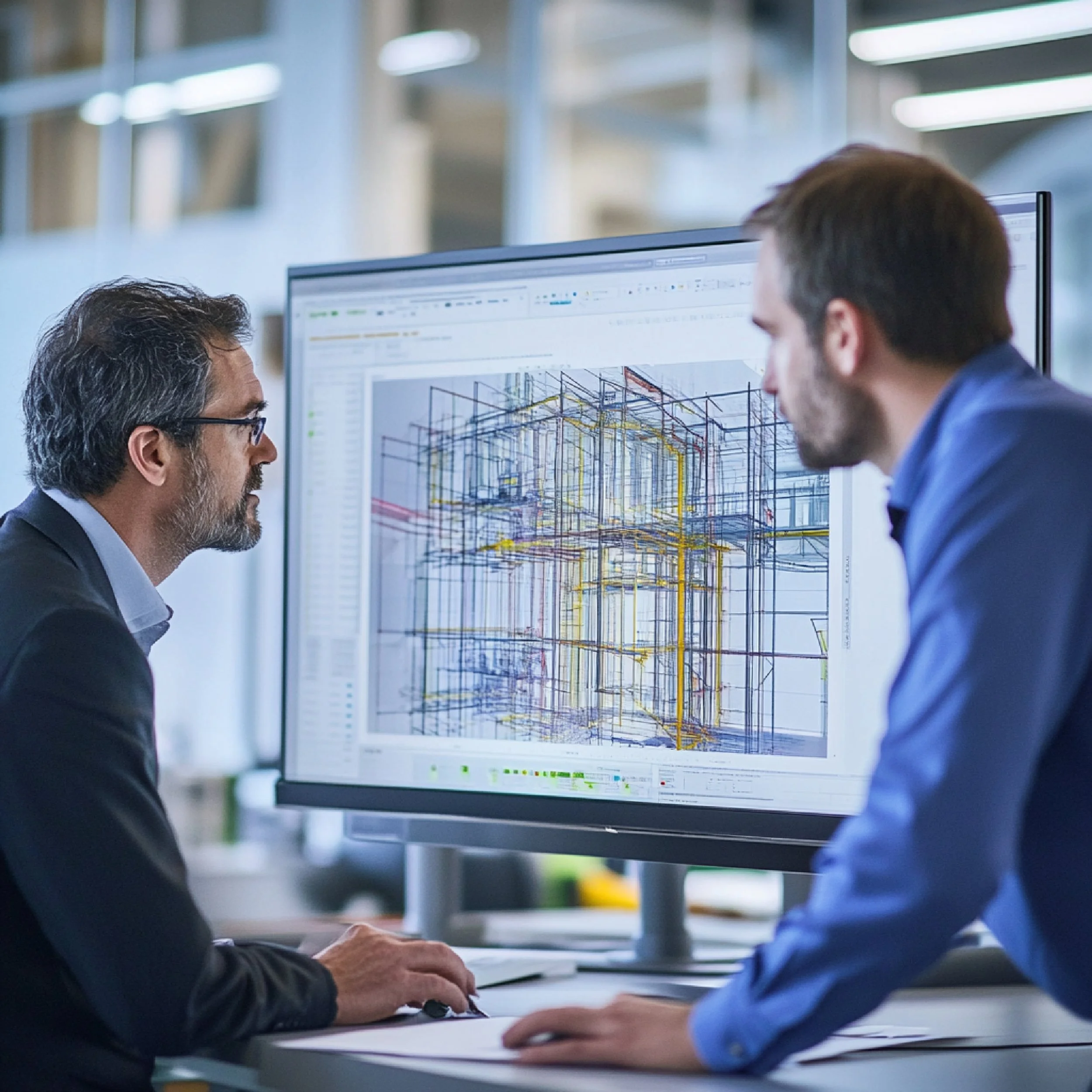 Two men in business attire analyzing a detailed architectural or engineering drawing on a large computer screen, sitting at a desk in a modern office.