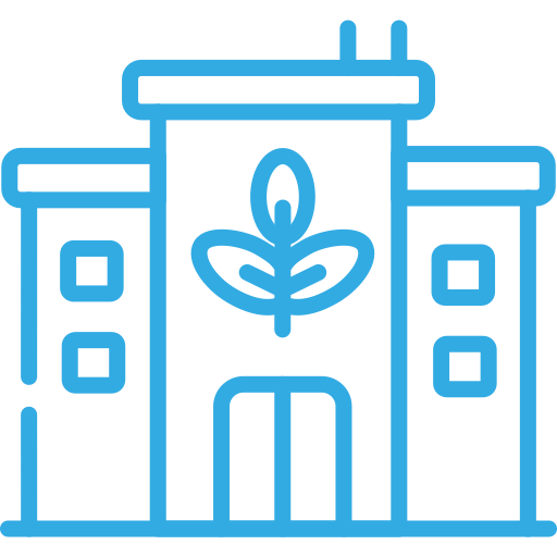 Outline of a building with a central main entrance, decorative leaf emblem, and symmetrical side sections, rendered in blue outline style.