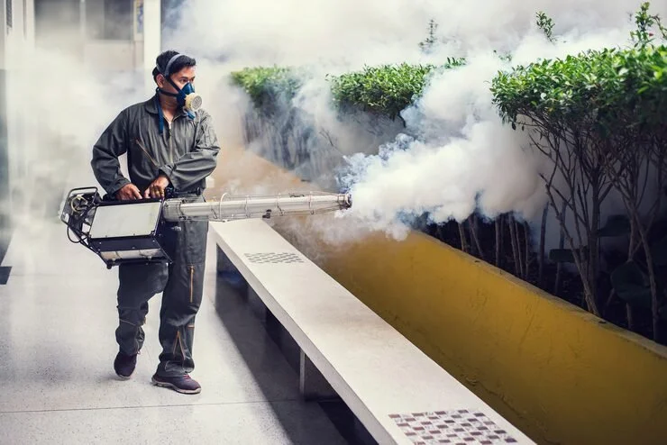 A person wearing a mask and protective gear is using a fogging machine to spray disinfectant or pesticide outside near bushes, producing a cloud of vapor.