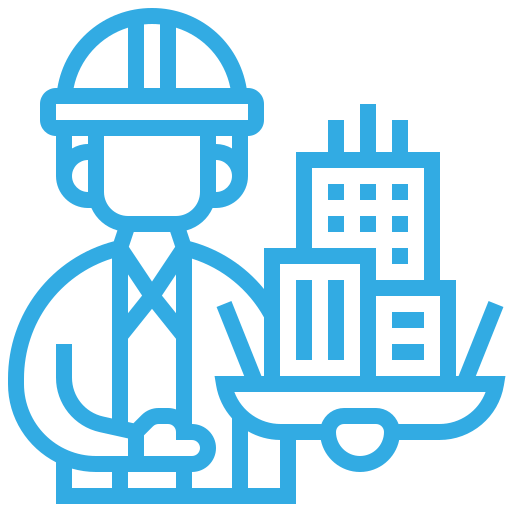Line drawing of a construction worker wearing a safety helmet and tie, holding a ship full of buildings.