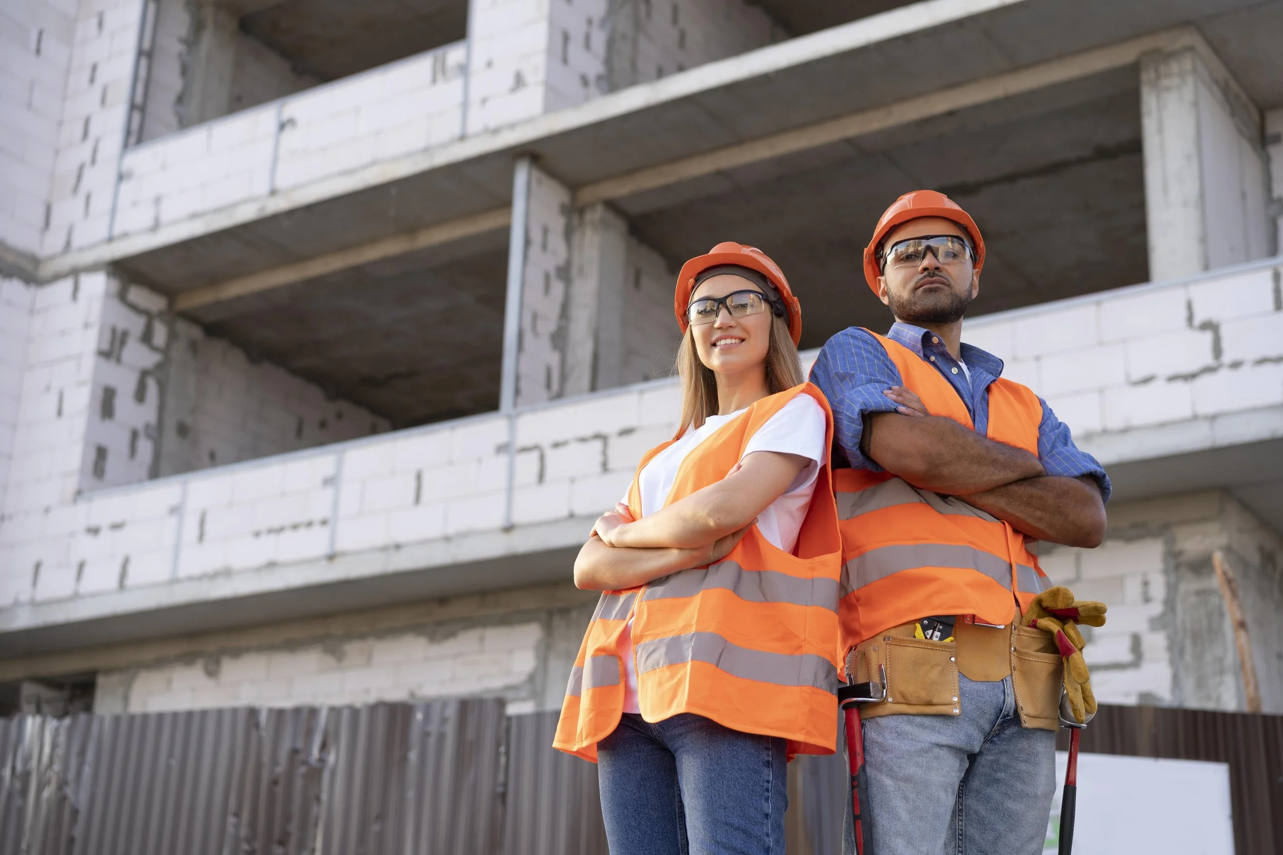 Two construction workers, a woman and a man, standing back-to-back with arms crossed in front of a building under construction. They are wearing safety helmets, reflective vests, and protective glasses.