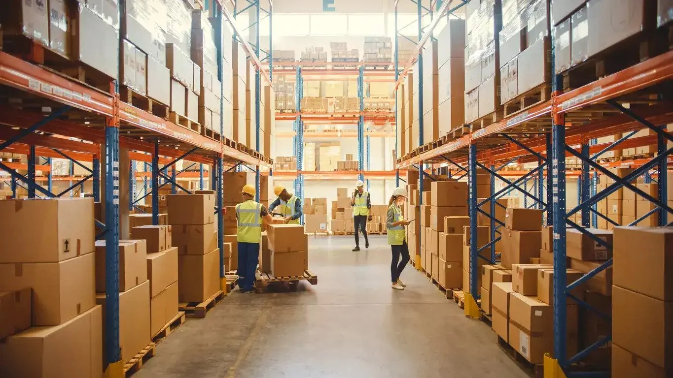 Warehouse with tall shelves stacked with boxes and workers wearing safety vests and helmets, working with packages.